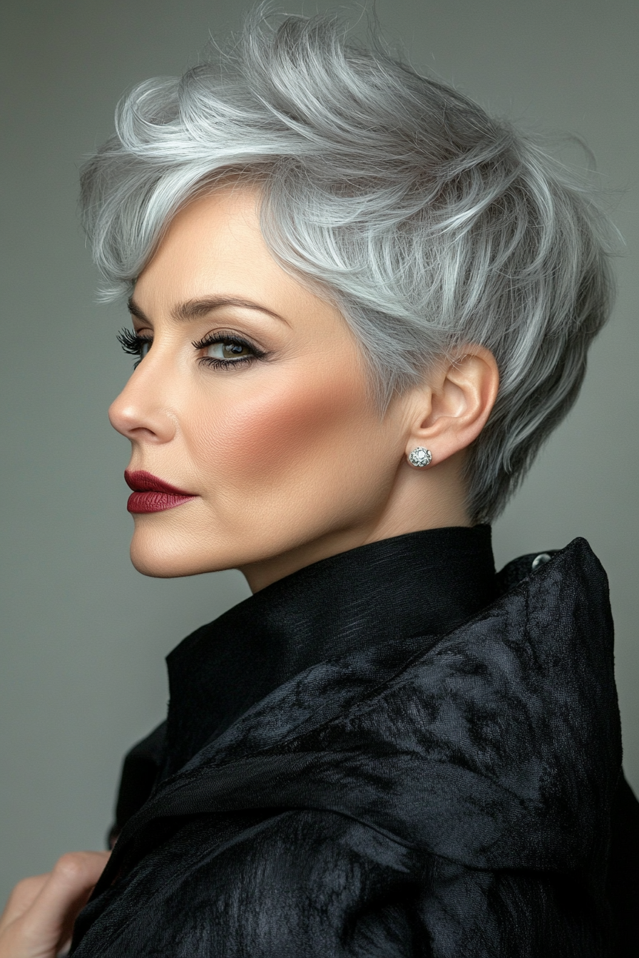 14. Soft Layered Pixie in Silver Gray (Short Pixie Hairstyles For Women Over 50) - Short Pixie Hairstyles For Women Over 50