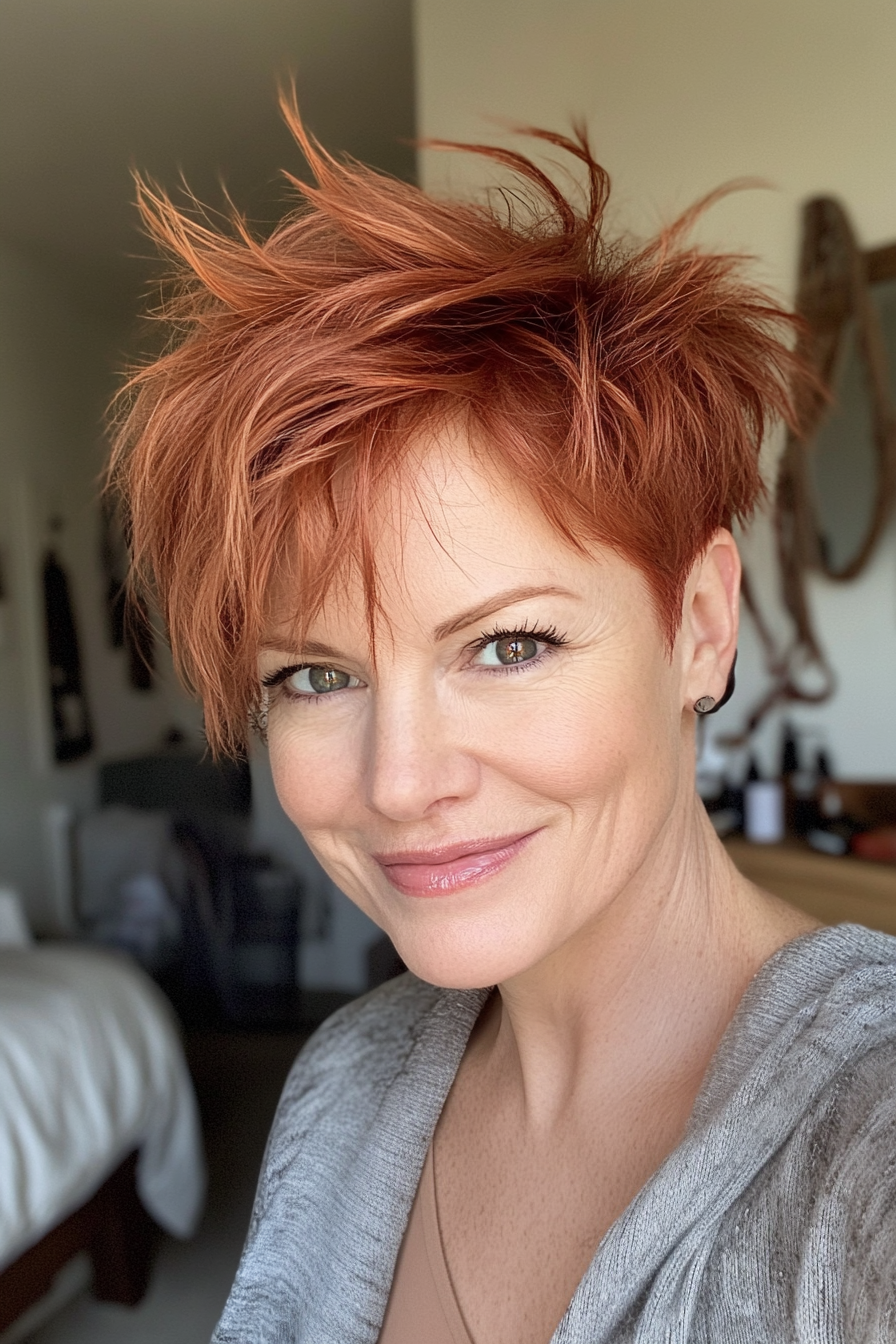 17. Short Shaggy Pixie in Copper Red (Short Pixie Hairstyles For Women Over 50) - Short Pixie Hairstyles For Women Over 50