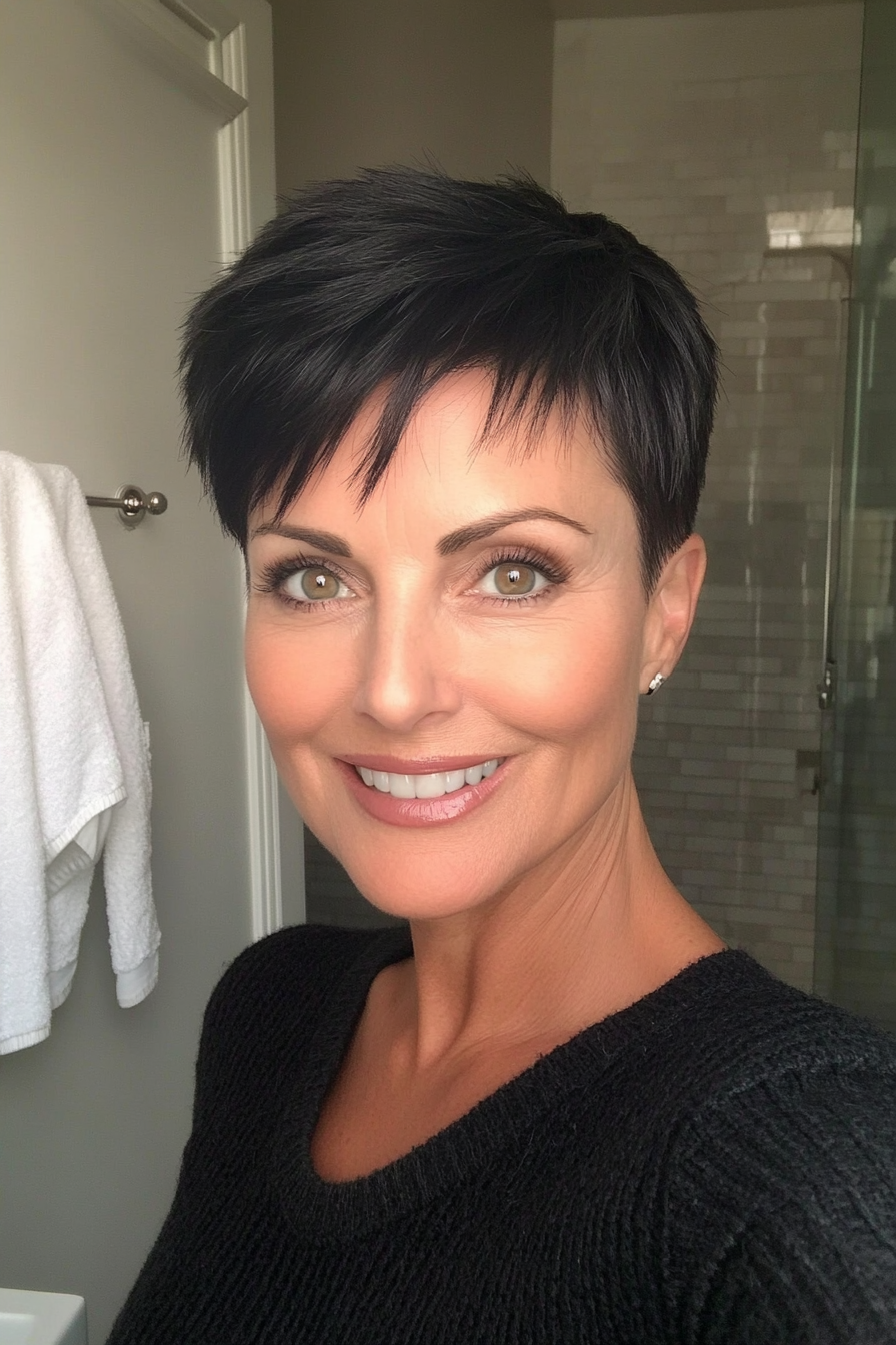 18. Blunt-Cut Pixie in Natural Black (Short Pixie Hairstyles For Women Over 50) - Short Pixie Hairstyles For Women Over 50
