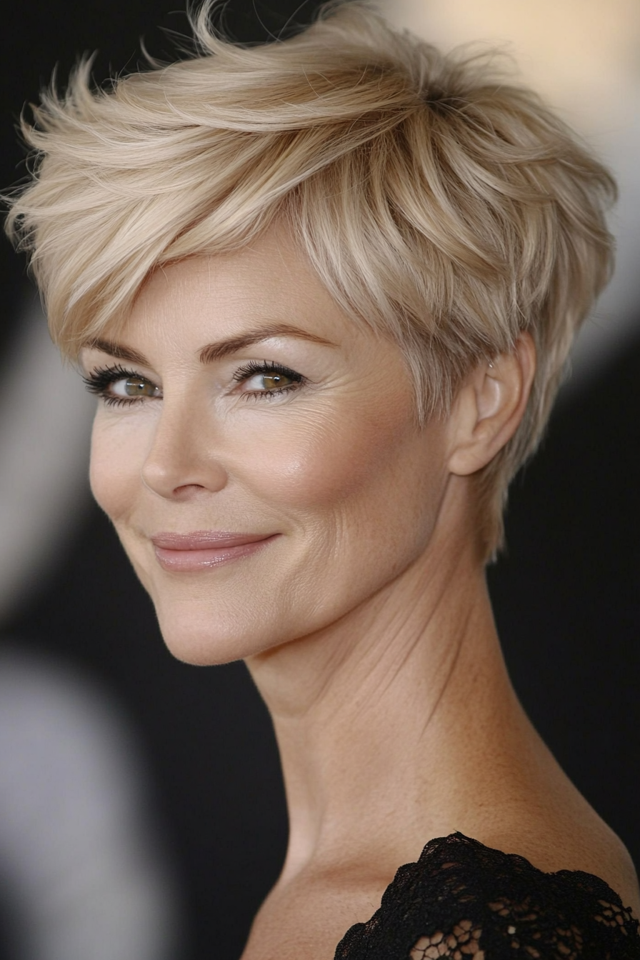 19. Angled Pixie in Champagne Blonde (Short Pixie Hairstyles For Women Over 50) - Short Pixie Hairstyles For Women Over 50