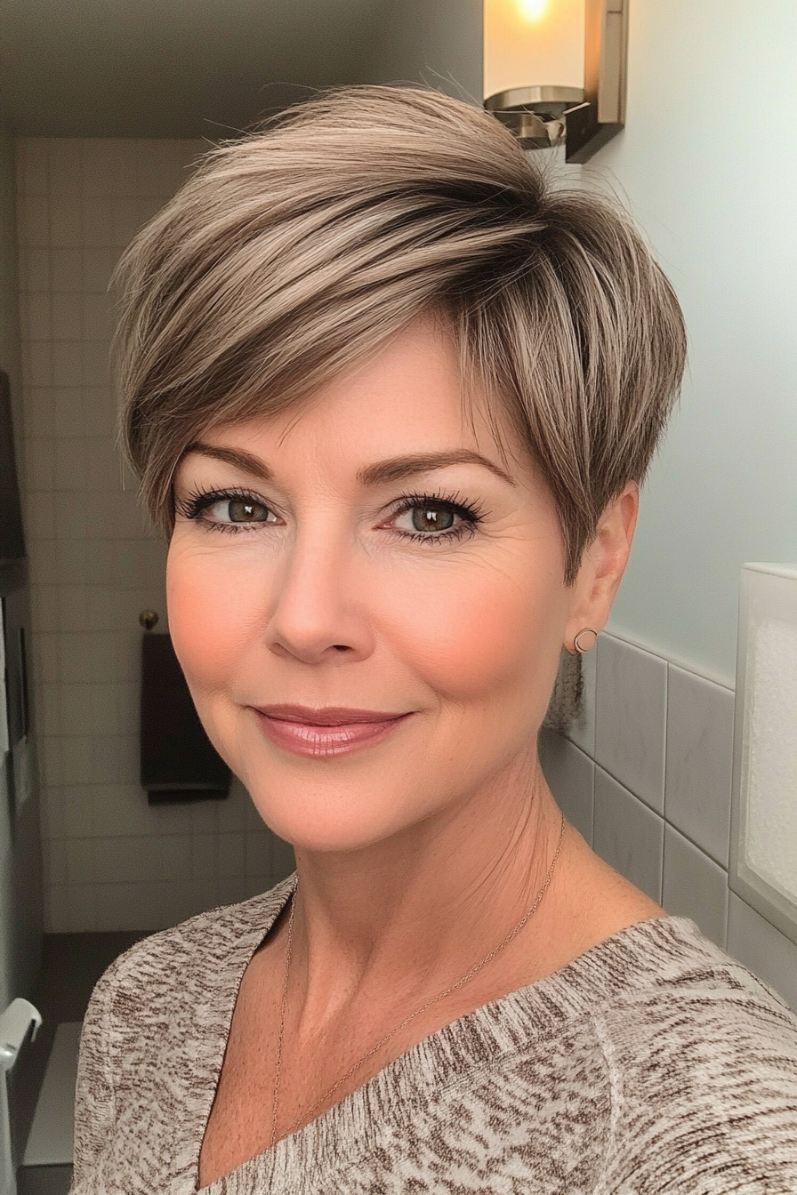 23. Edgy Asymmetrical Pixie in Light Brown (Short Pixie Hairstyles For Women Over 50) - Short Pixie Hairstyles For Women Over 50