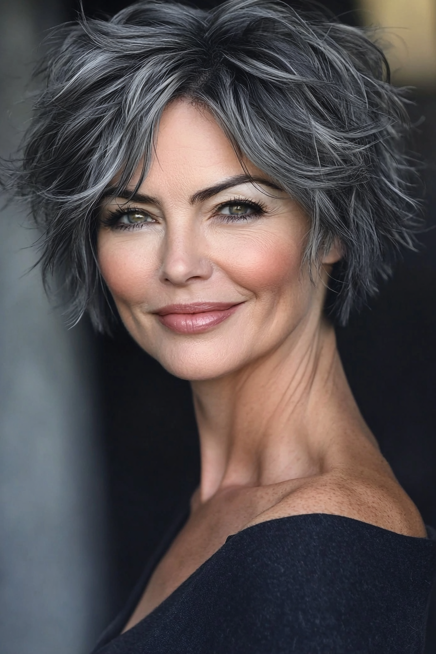 25. Messy Pixie in Charcoal Gray (Short Pixie Hairstyles For Women Over 50) - Short Pixie Hairstyles For Women Over 50