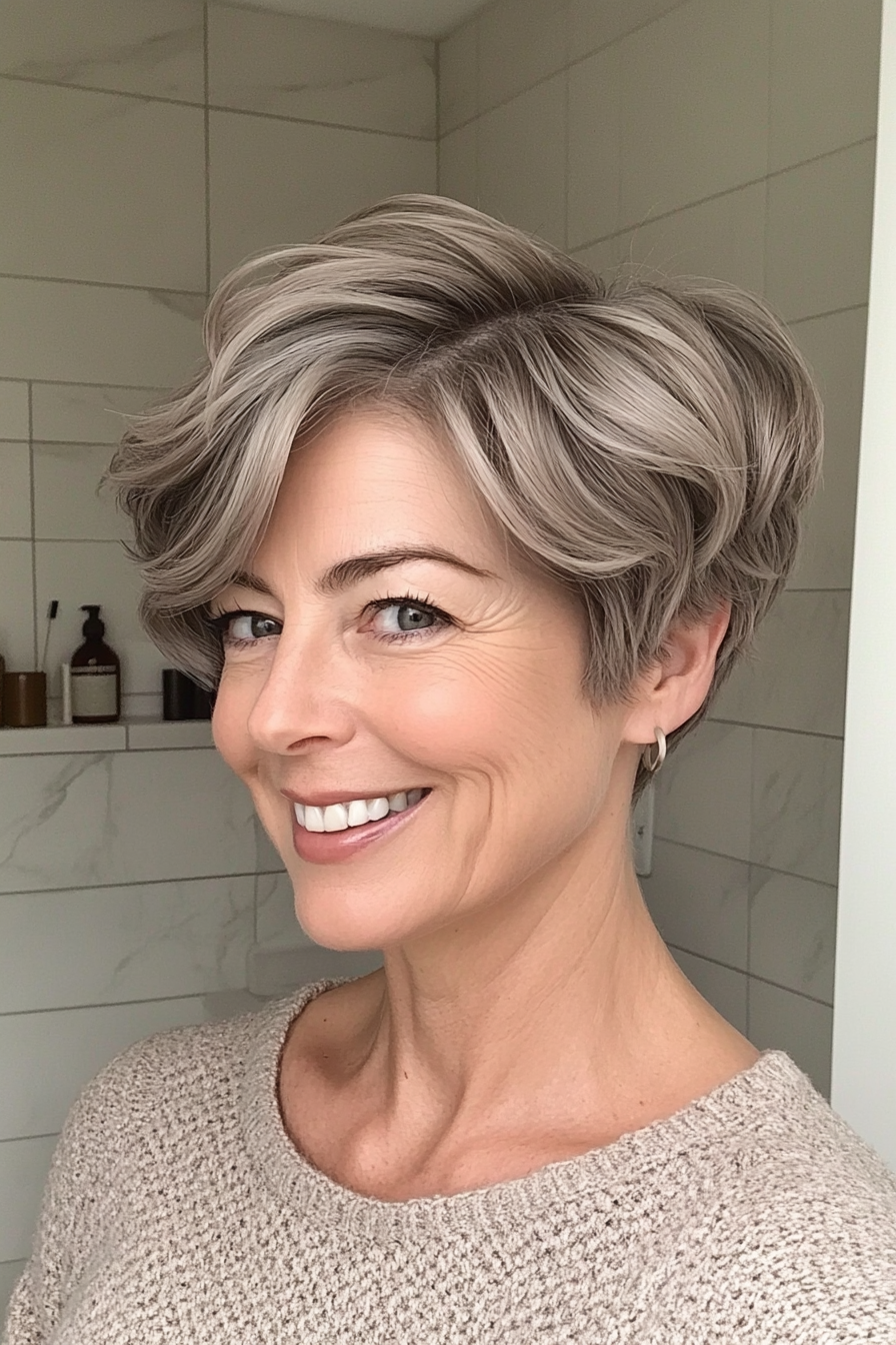 27. Curved Pixie in Warm Taupe (Short Pixie Hairstyles For Women Over 50) - Short Pixie Hairstyles For Women Over 50