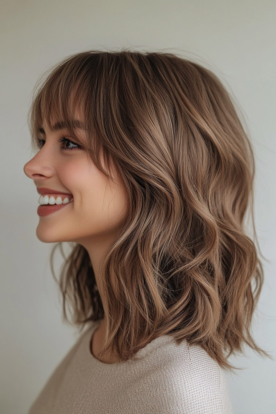 3. Curtain Bangs with Ash Brown Waves (Medium Length Wavy Haircuts) - Medium Length Wavy Haircuts
