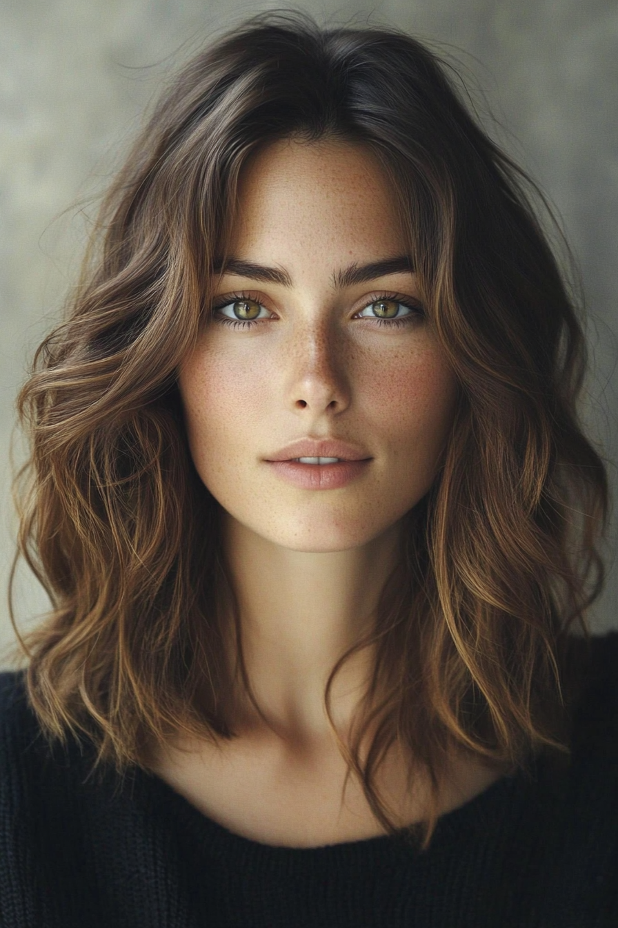 7. Tousled Layers with Warm Caramel Brown (Medium Length Wavy Haircuts) - Medium Length Wavy Haircuts
