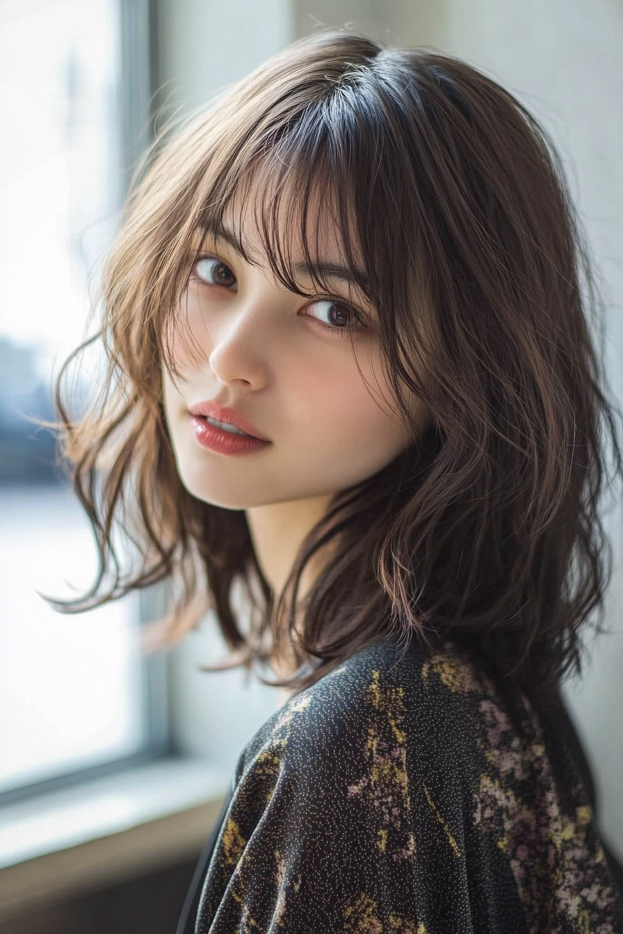 12. Side-Swept Bangs with Chocolate Brown (Medium Length Wavy Haircuts) - Medium Length Wavy Haircuts