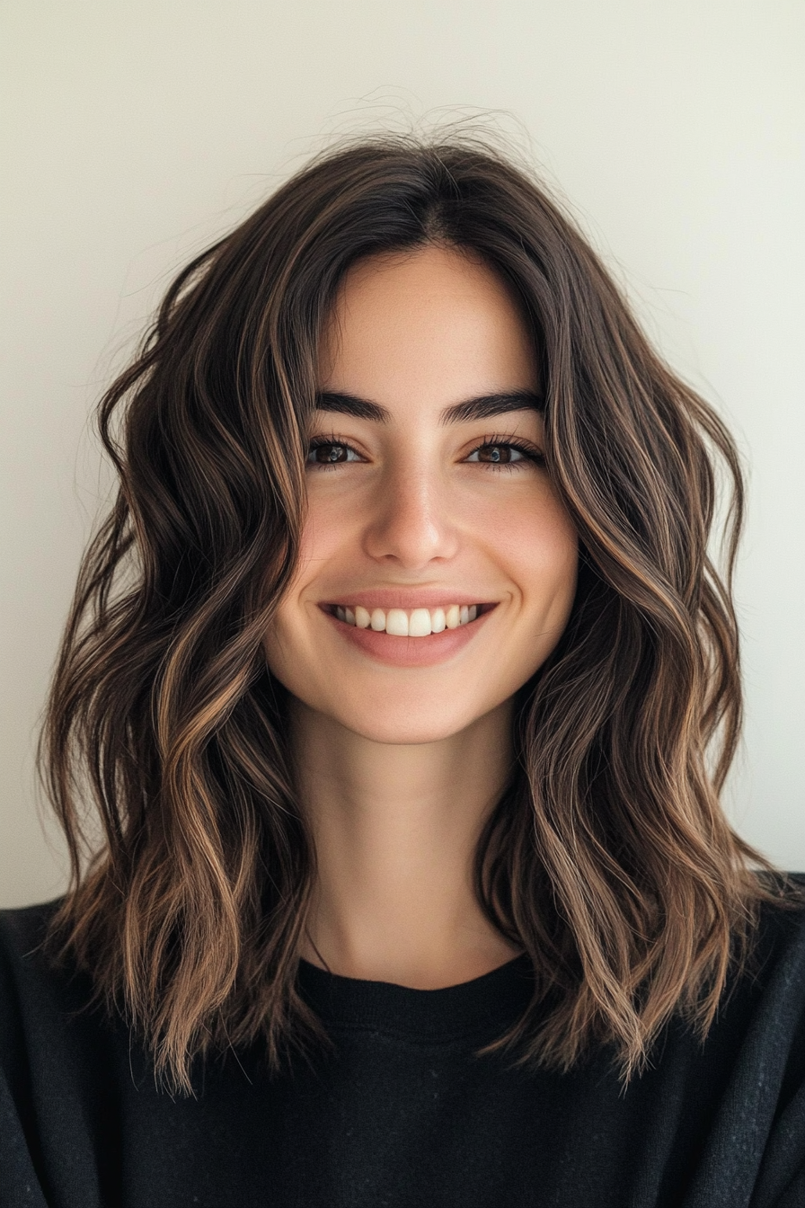 13. Layered Lob with Cool Brunette (Medium Length Wavy Haircuts) - Medium Length Wavy Haircuts