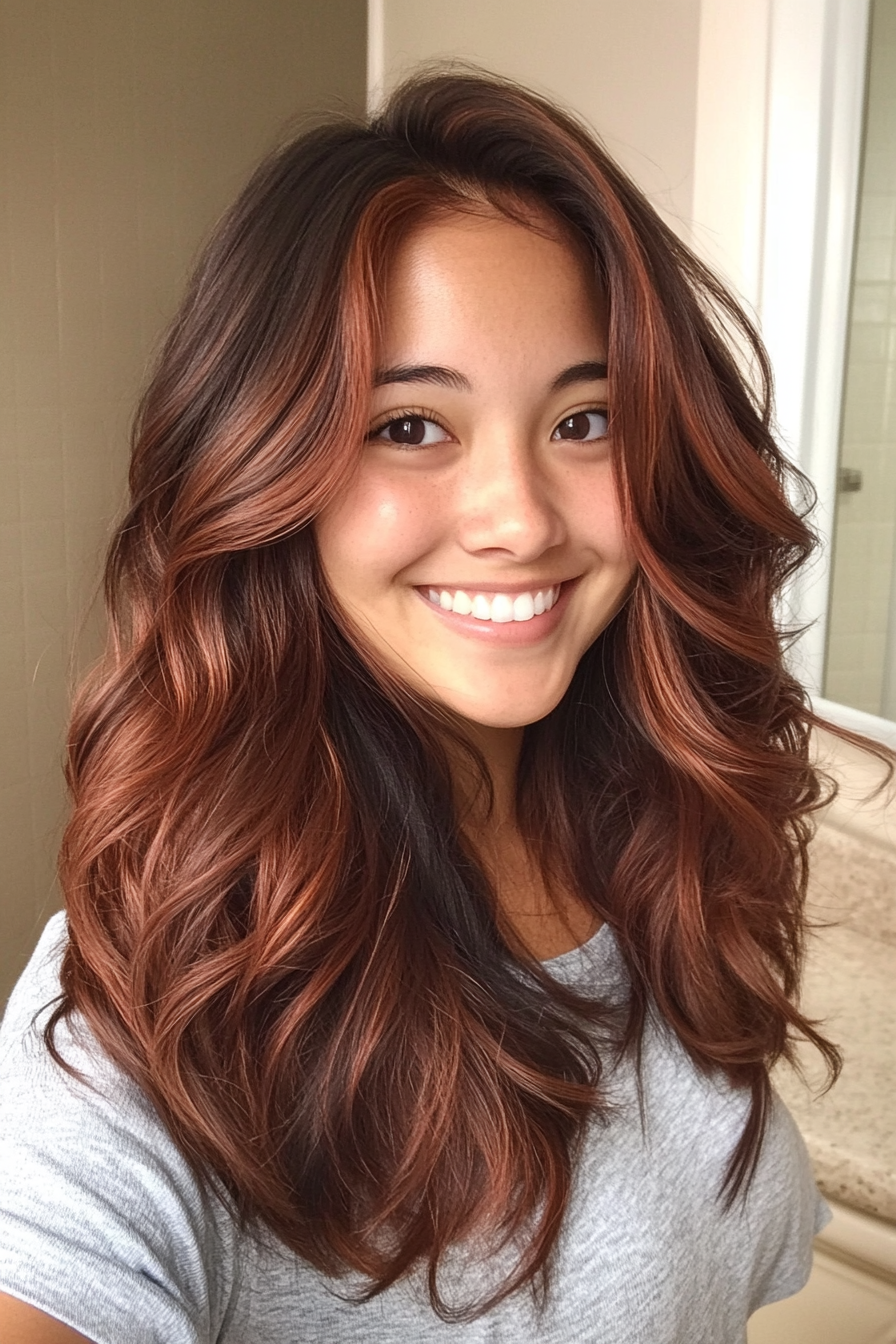 15. Graduated Layers with Mahogany Brown (Medium Length Wavy Haircuts) - Medium Length Wavy Haircuts
