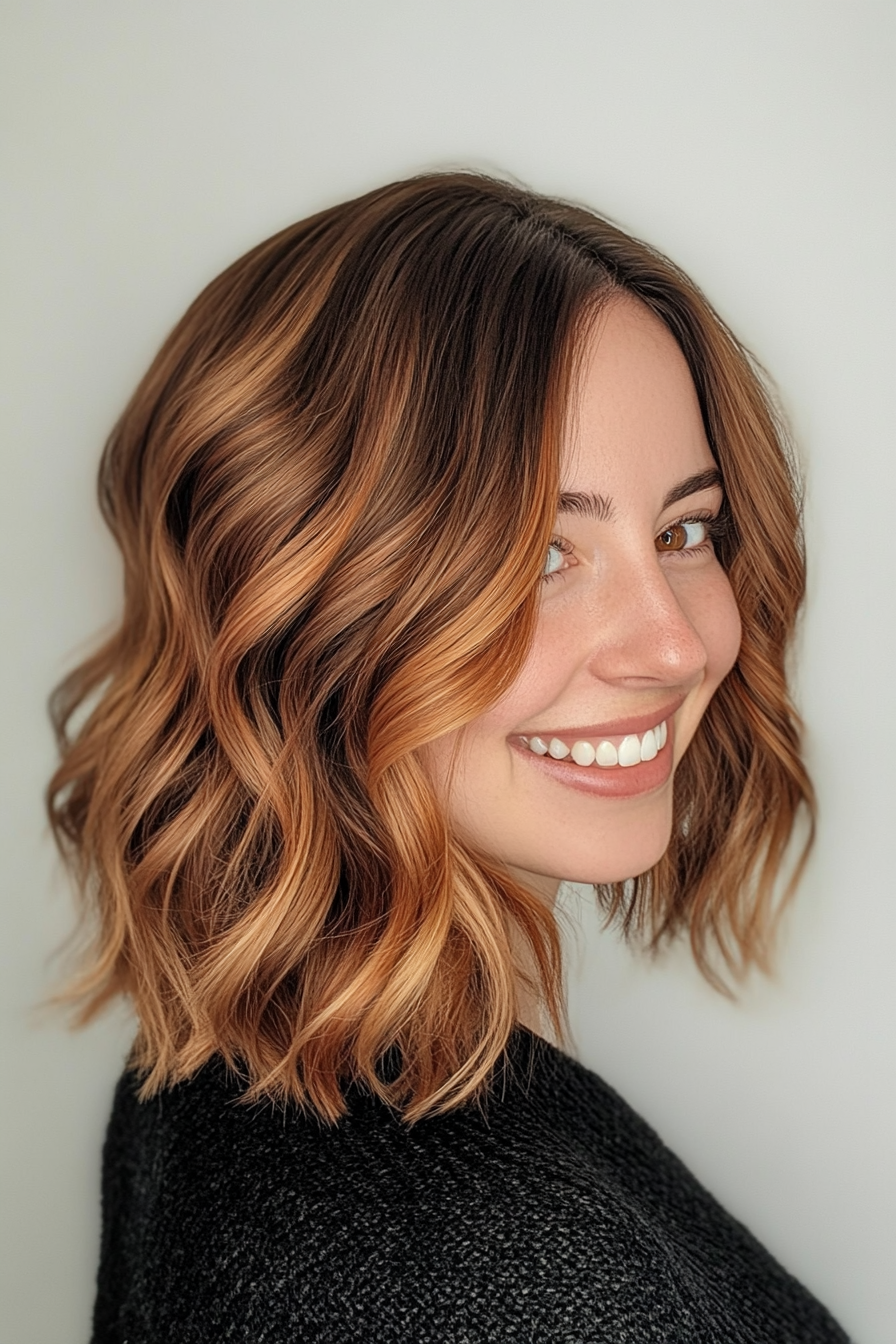 19. Wavy Lob with Copper Brown (Medium Length Wavy Haircuts) - Medium Length Wavy Haircuts