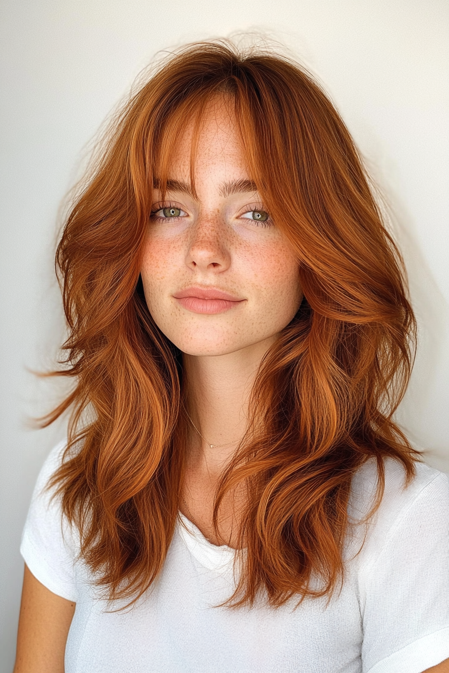 26. Layered Curtain Bangs with Warm Auburn (Medium Length Wavy Haircuts) - Medium Length Wavy Haircuts