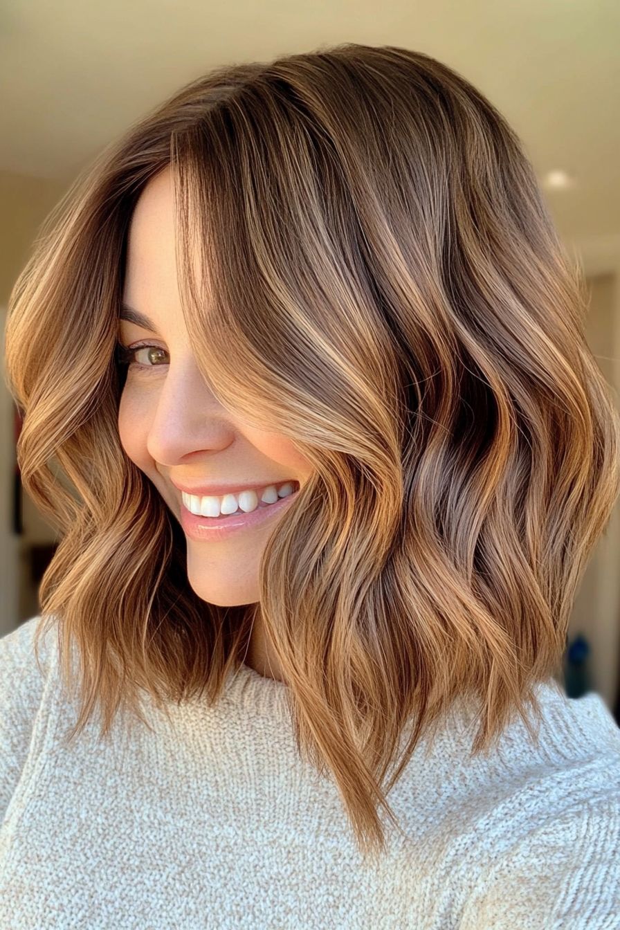 1. 1. Textured Lob with Caramel Highlights (Medium Length Hairstyles For Women Over 40) - Medium Length Hairstyles For Women Over 40