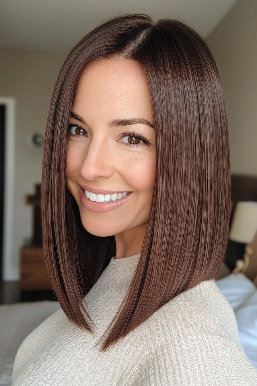 2. 2. Blunt Cut with Chocolate Brown Color (Medium Length Hairstyles For Women Over 40) - Medium Length Hairstyles For Women Over 40