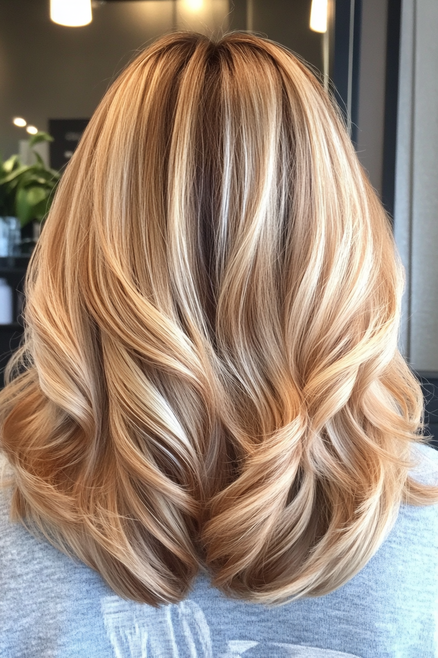 6. 6. Curled Ends with Sandy Blonde Balayage (Medium Length Hairstyles For Women Over 40) - Medium Length Hairstyles For Women Over 40