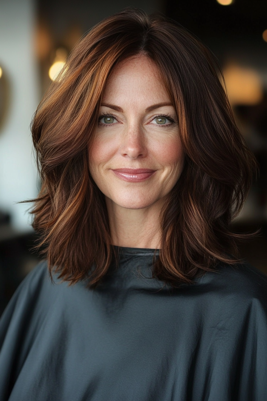 7. 7. Layered Lob with Auburn Lowlights (Medium Length Hairstyles For Women Over 40) - Medium Length Hairstyles For Women Over 40