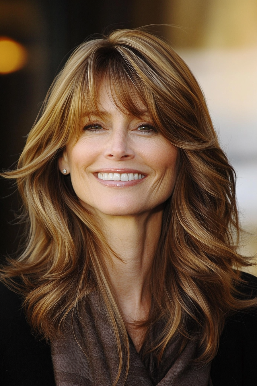12. 12. Wispy Layers with Warm Chestnut (Medium Length Hairstyles For Women Over 40) - Medium Length Hairstyles For Women Over 40