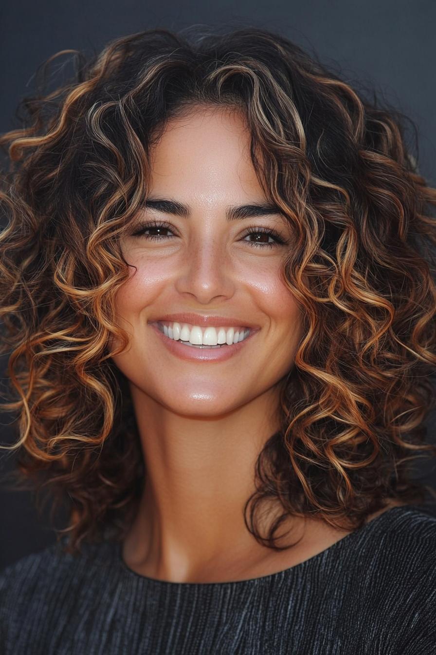 18. 18. Curly Lob with Light Caramel Highlights (Medium Length Hairstyles For Women Over 40) - Medium Length Hairstyles For Women Over 40