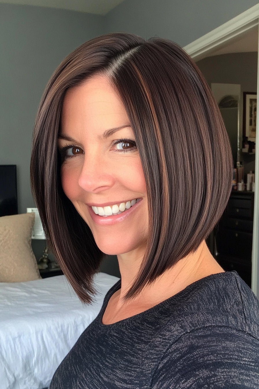 19. 19. Asymmetrical Bob in Cool Dark Brown (Medium Length Hairstyles For Women Over 40) - Medium Length Hairstyles For Women Over 40