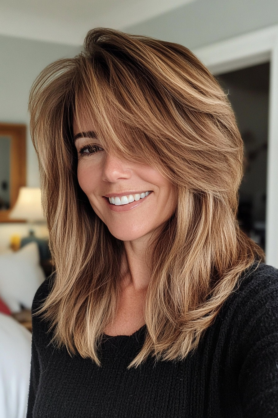 20. 20. Layered Shag with Bronze Balayage (Medium Length Hairstyles For Women Over 40) - Medium Length Hairstyles For Women Over 40