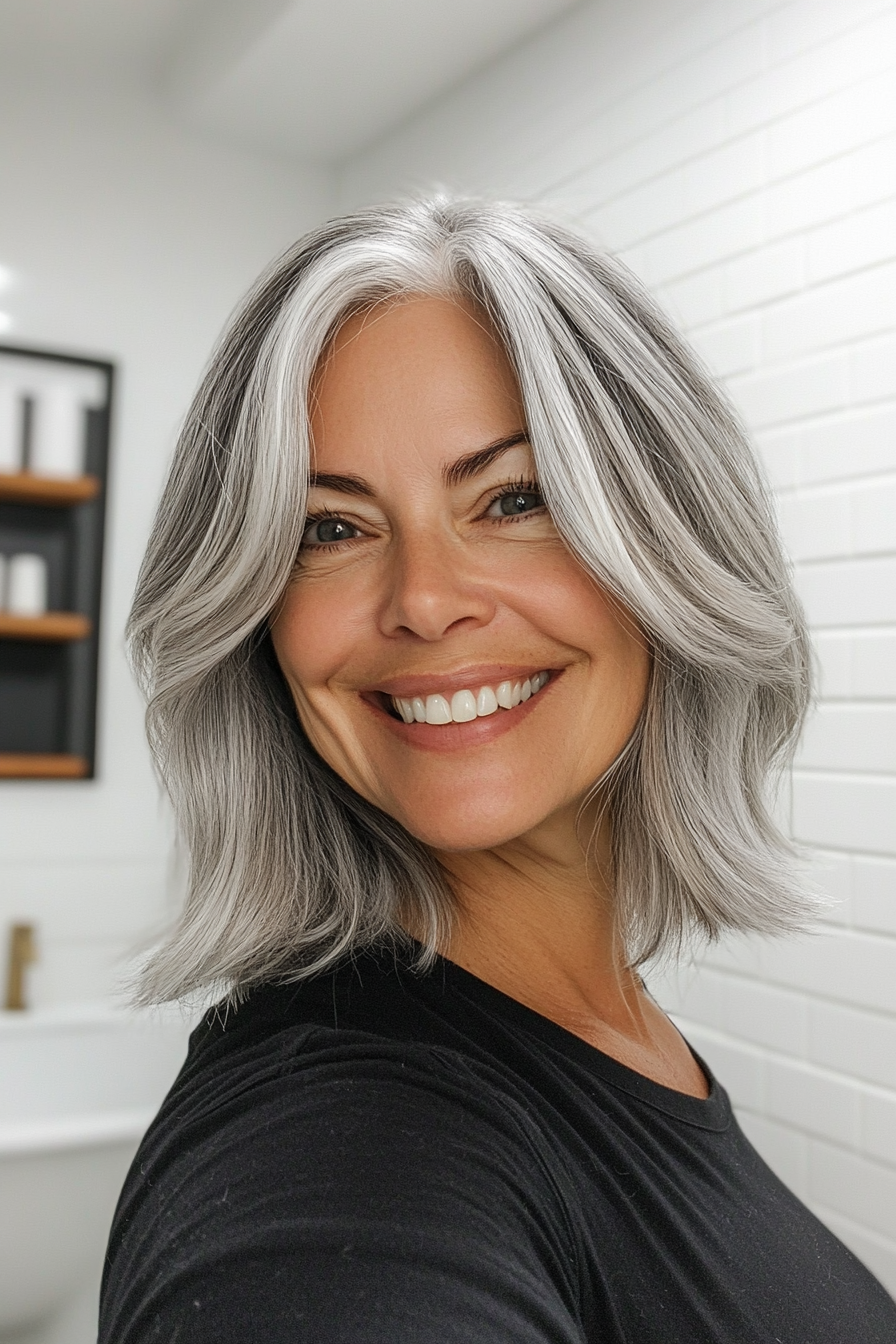21. 21. Classic Lob with Silver Streaks (Medium Length Hairstyles For Women Over 40) - Medium Length Hairstyles For Women Over 40