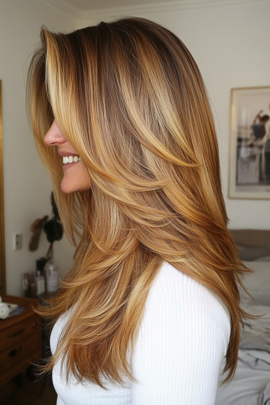 22. 22. Long Layers with Golden Brown (Medium Length Hairstyles For Women Over 40) - Medium Length Hairstyles For Women Over 40