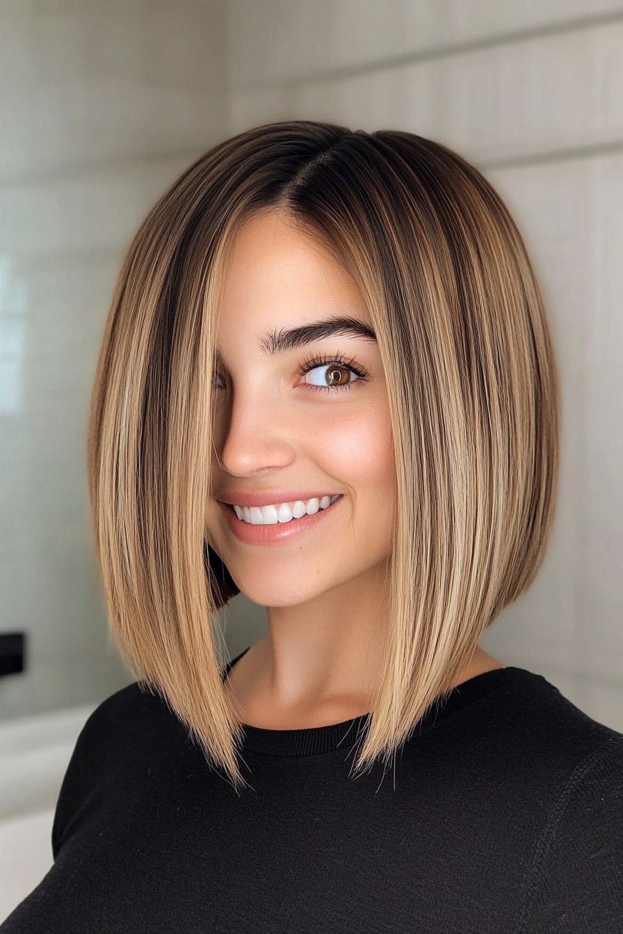 23. 23. Angled Bob with Honey Highlights (Medium Length Hairstyles For Women Over 40) - Medium Length Hairstyles For Women Over 40