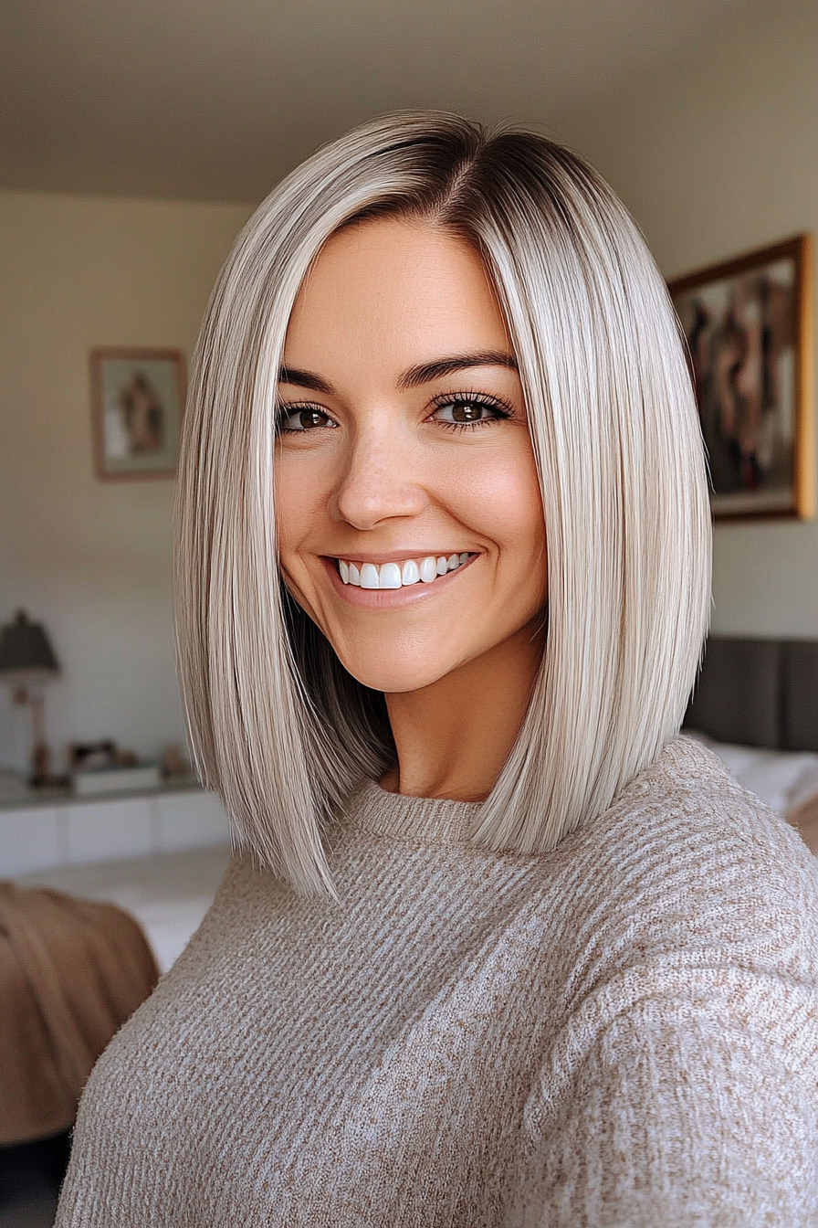 25. 25. Blunt Lob with Pearl Blonde (Medium Length Hairstyles For Women Over 40) - Medium Length Hairstyles For Women Over 40