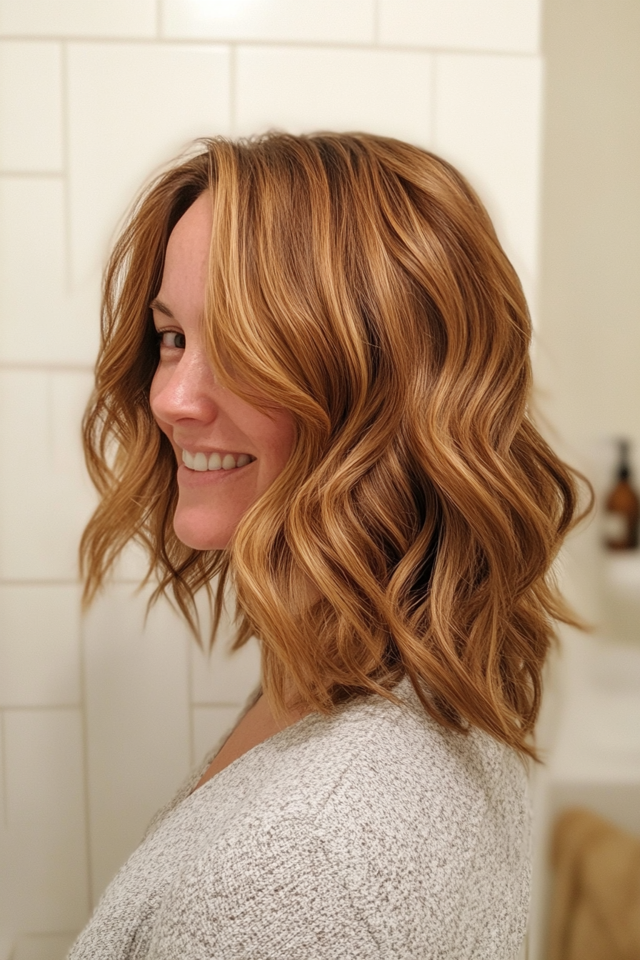 26. 26. Textured Waves with Golden Chestnut (Medium Length Hairstyles For Women Over 40) - Medium Length Hairstyles For Women Over 40