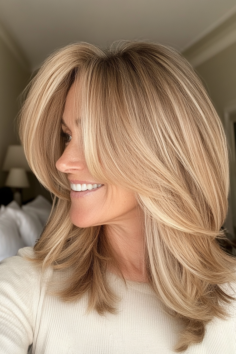 27. 27. Curtain Bangs with Warm Blonde (Medium Length Hairstyles For Women Over 40) - Medium Length Hairstyles For Women Over 40
