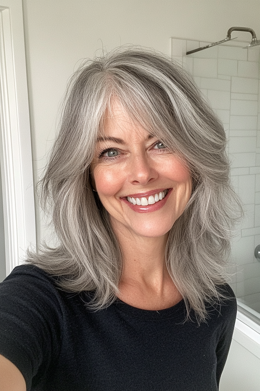 3. Classic Gray Shag with Bangs (Hairstyles For Women Over 60) - Hairstyles For Women Over 60