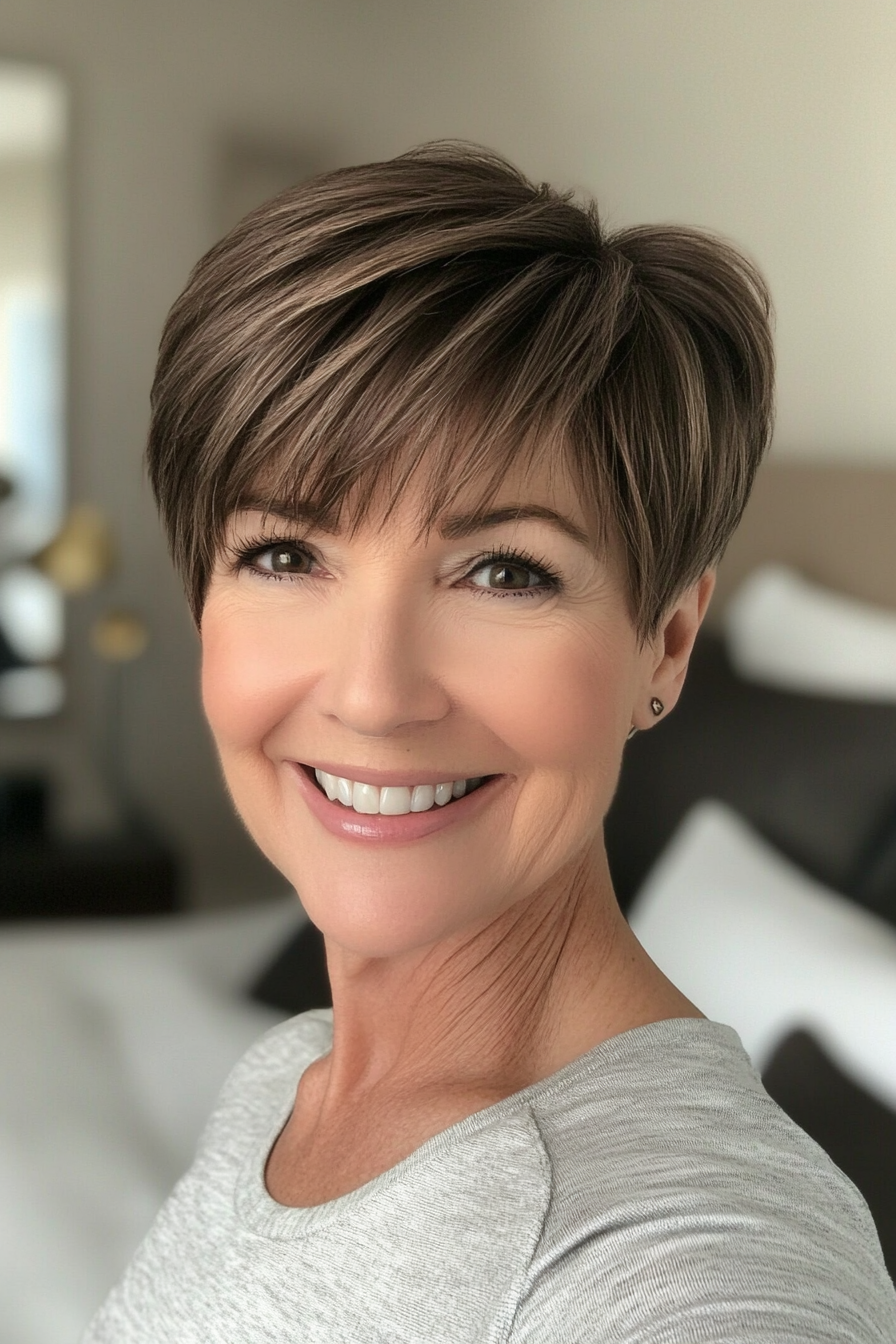 7. Ash Brown Layered Pixie (Hairstyles For Women Over 60) - Hairstyles For Women Over 60