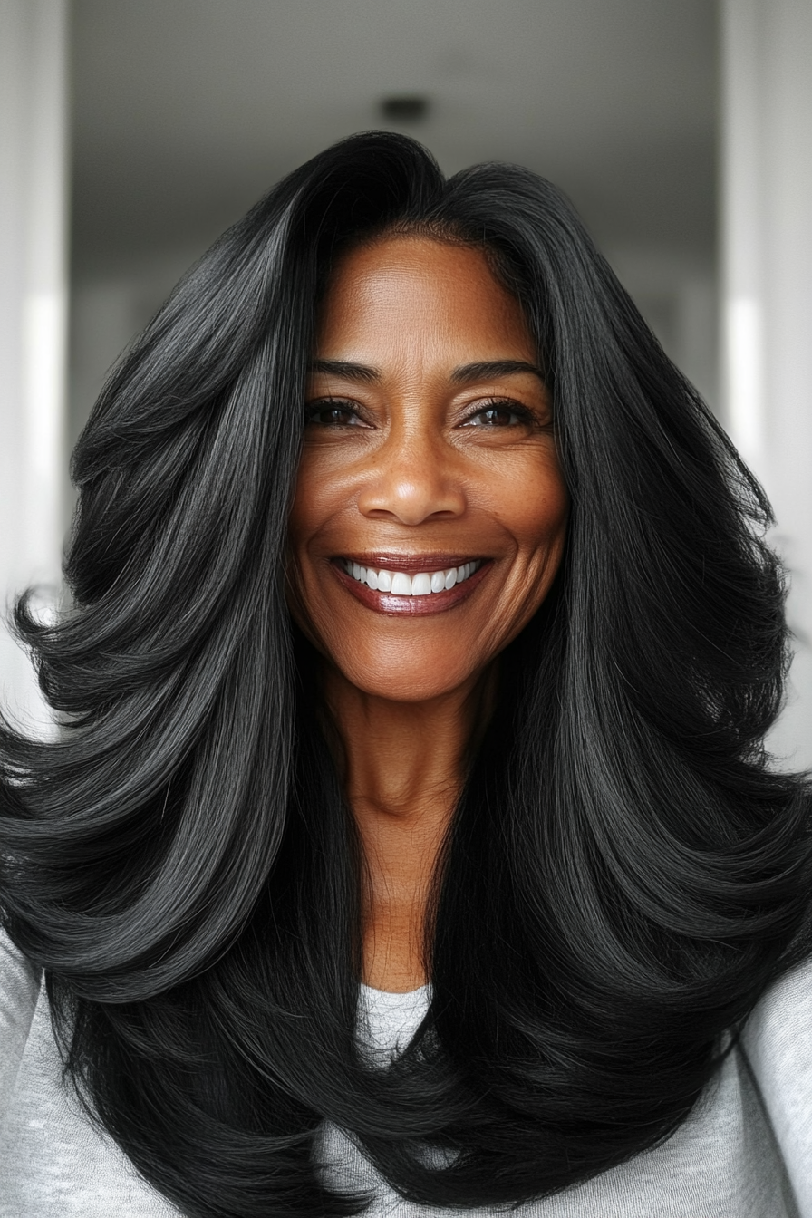 14. Natural Black Long Layers (Hairstyles For Women Over 60) - Hairstyles For Women Over 60