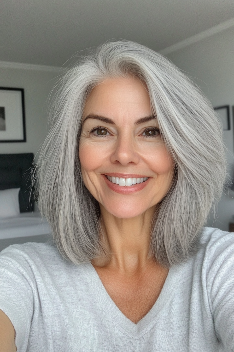 15. Soft Gray Feathered Bob (Hairstyles For Women Over 60) - Hairstyles For Women Over 60