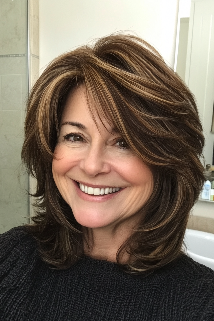 16. Caramel Brown Medium Shag (Hairstyles For Women Over 60) - Hairstyles For Women Over 60