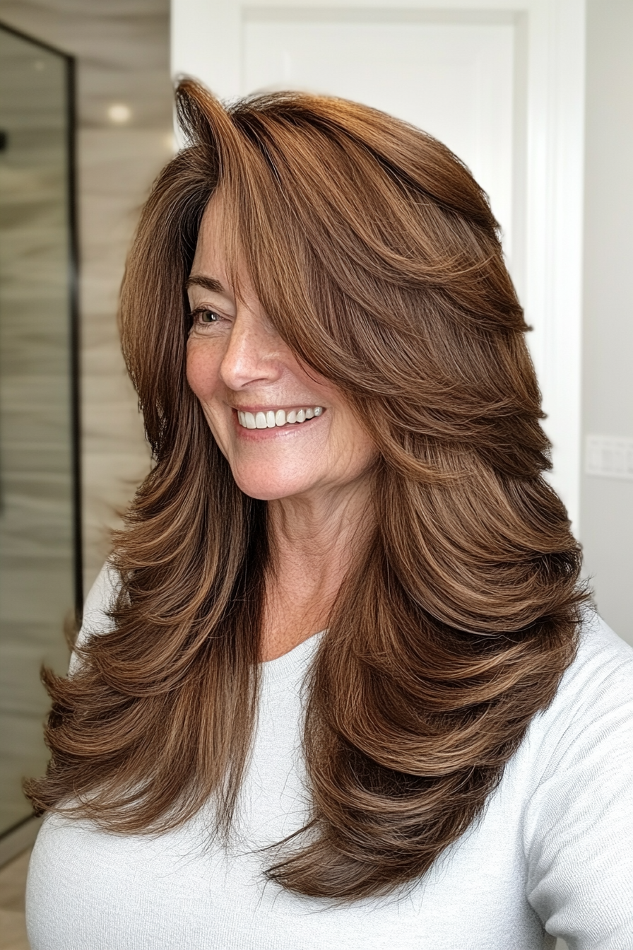 18. Chestnut Brown Long Shag (Hairstyles For Women Over 60) - Hairstyles For Women Over 60