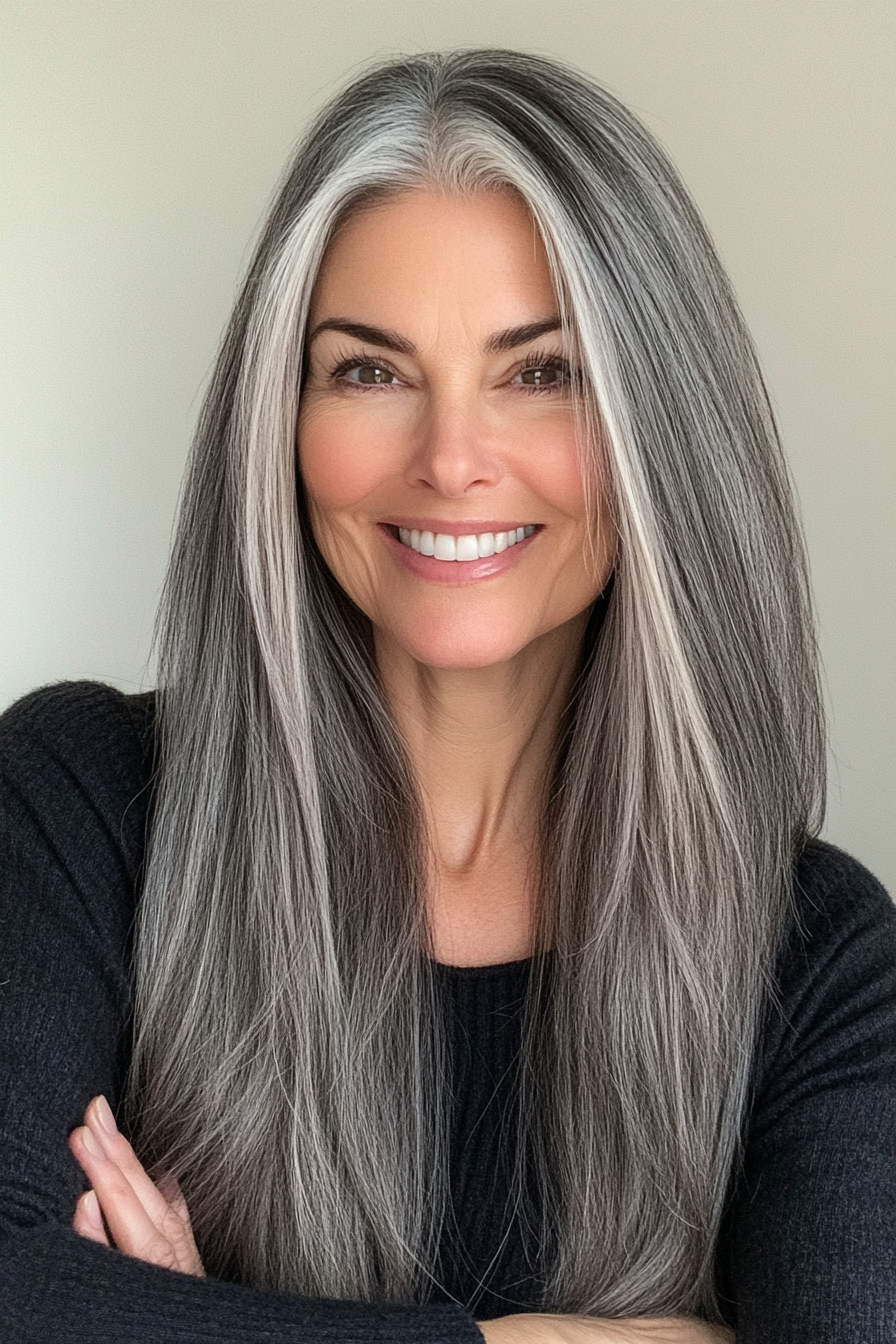 27. Dark Gray Long Tapered Cut (Hairstyles For Women Over 60) - Hairstyles For Women Over 60