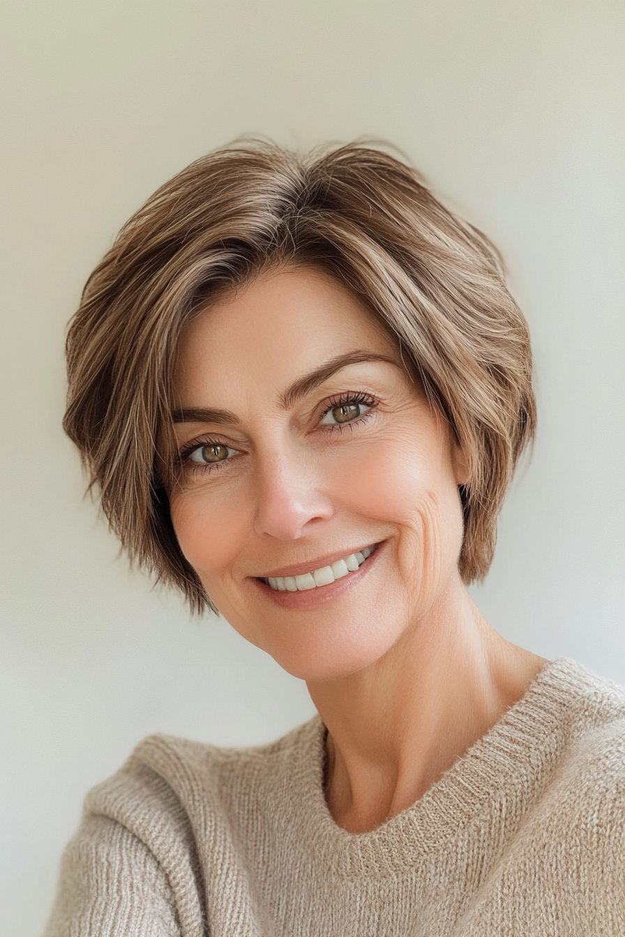 3. Feathered Crop in Warm Brown (Short Haircuts For Women Over 60) - Short Haircuts For Women Over 60