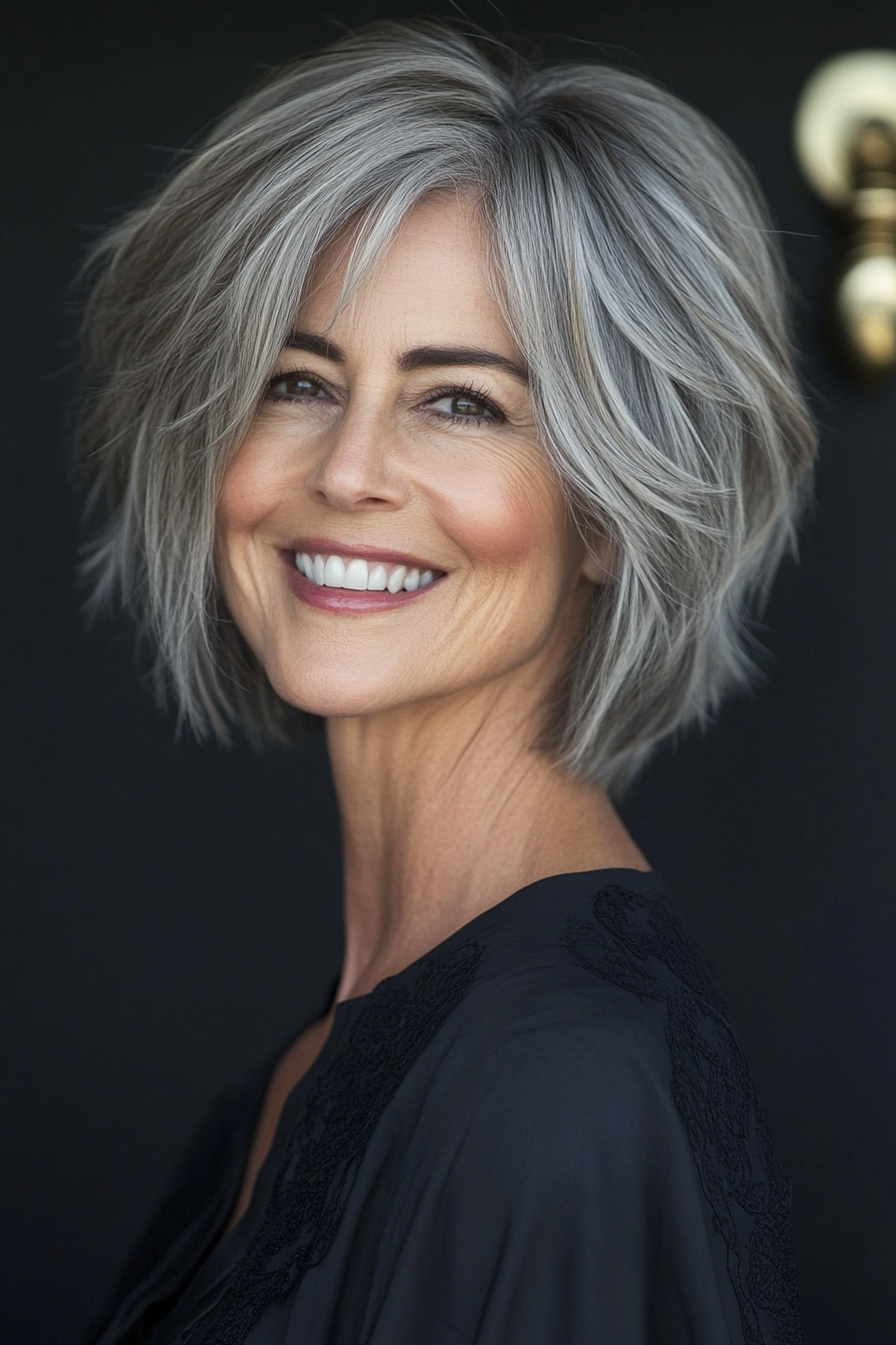 4. Layered Shag in Salt-and-Pepper (Short Haircuts For Women Over 60) - Short Haircuts For Women Over 60