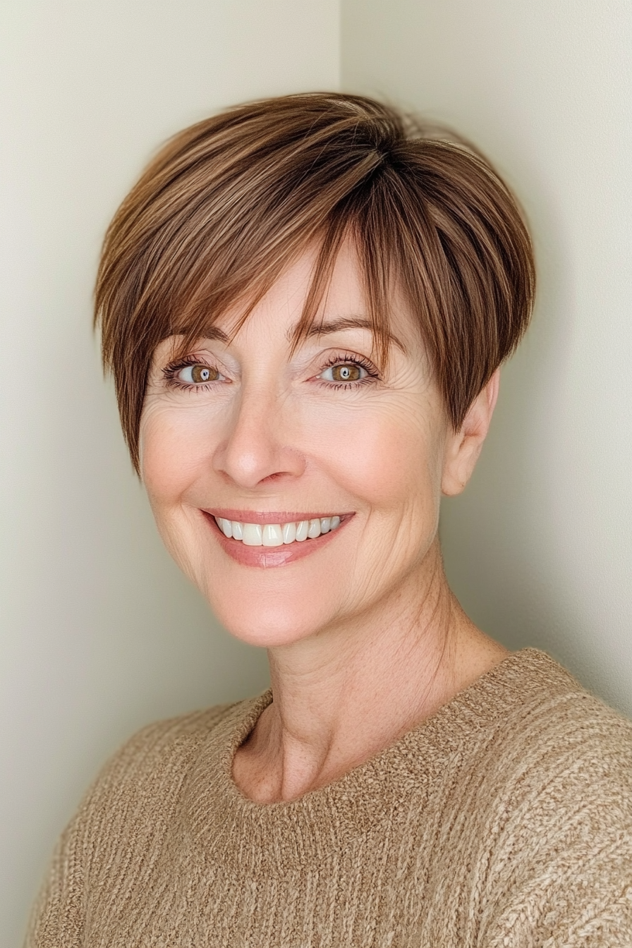 17. Side-Swept Bangs in Warm Chestnut (Short Haircuts For Women Over 60) - Short Haircuts For Women Over 60