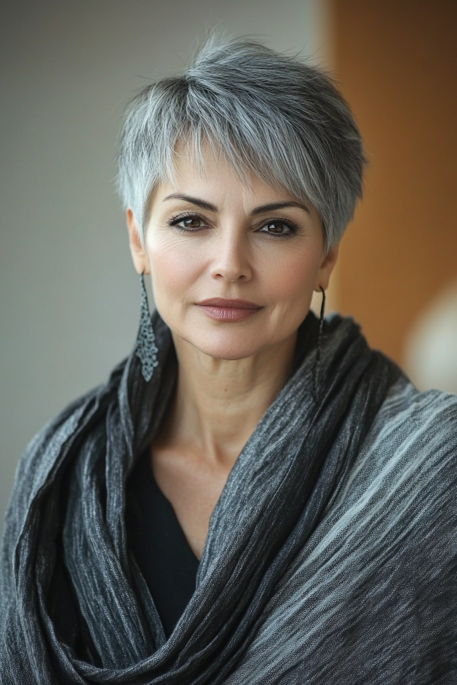 26. Pixie with Long Bangs in Charcoal Gray (Short Haircuts For Women Over 60) - Short Haircuts For Women Over 60