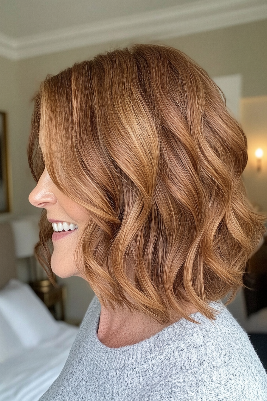 2. Chin-Length Wavy Lob in Chestnut (Haircuts For Women Over 50) - Haircuts For Women Over 50