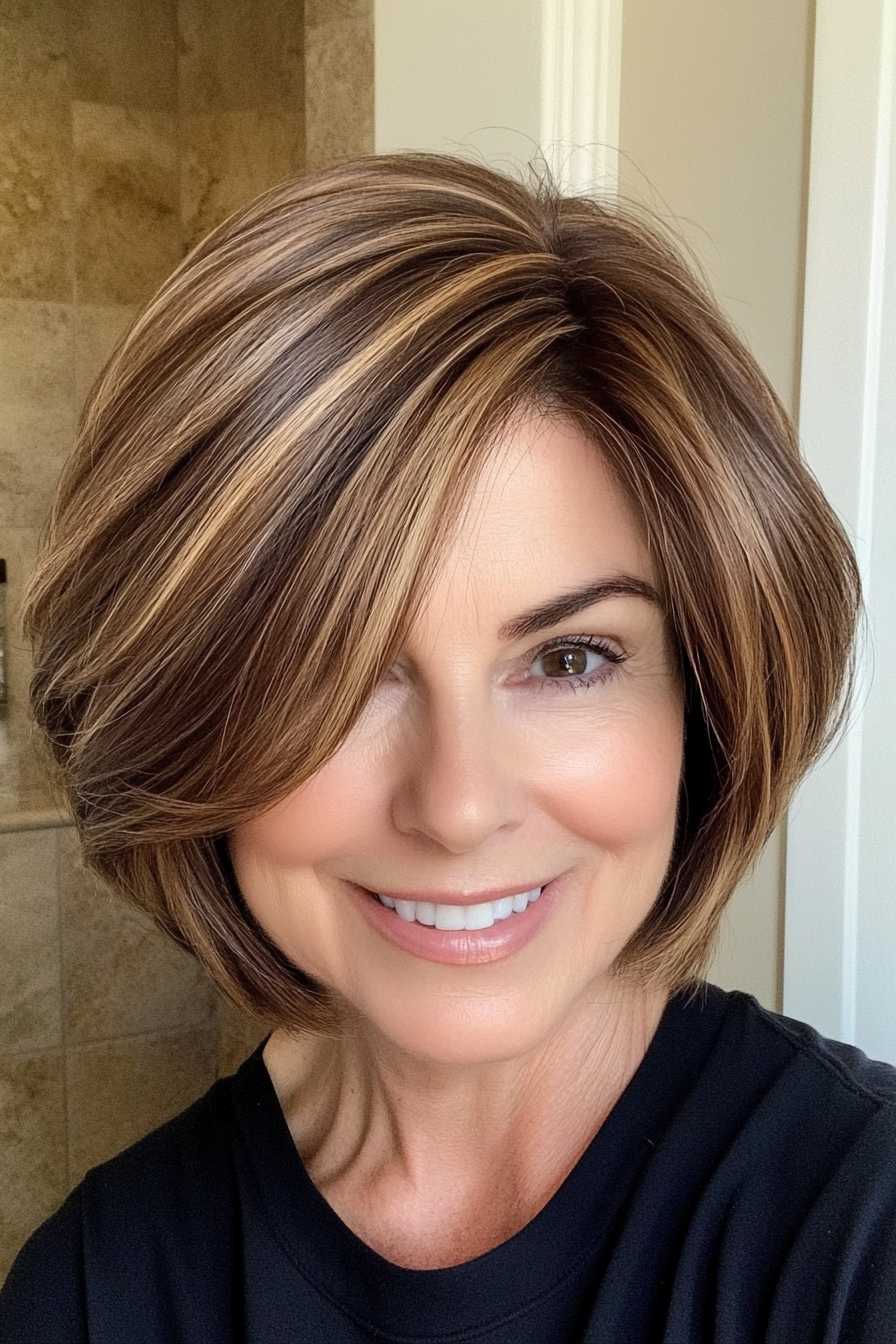 13. Voluminous Bob in Caramel Highlights (Haircuts For Women Over 50) - Haircuts For Women Over 50