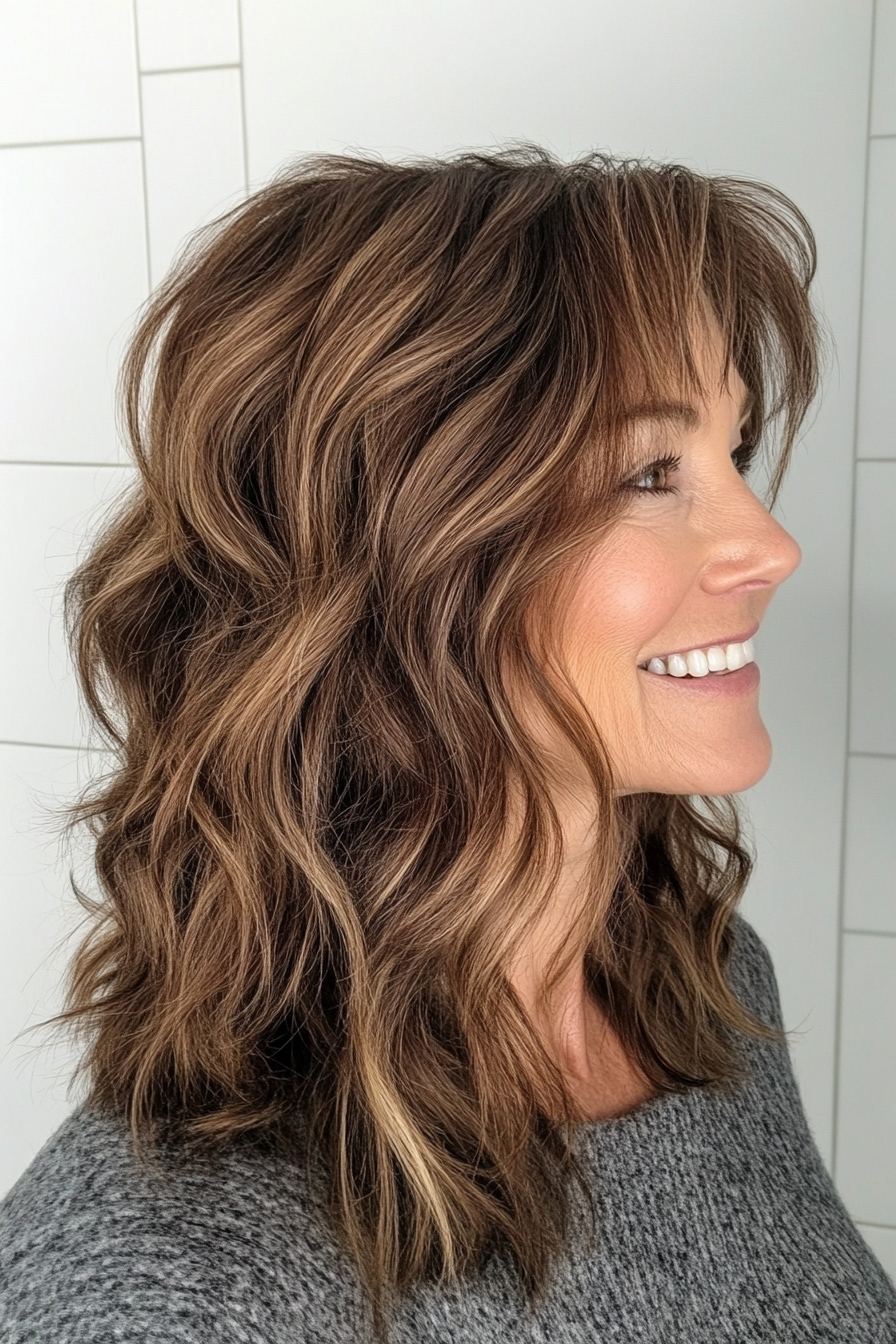 14. Wavy Shag with Sunlit Brown (Haircuts For Women Over 50) - Haircuts For Women Over 50