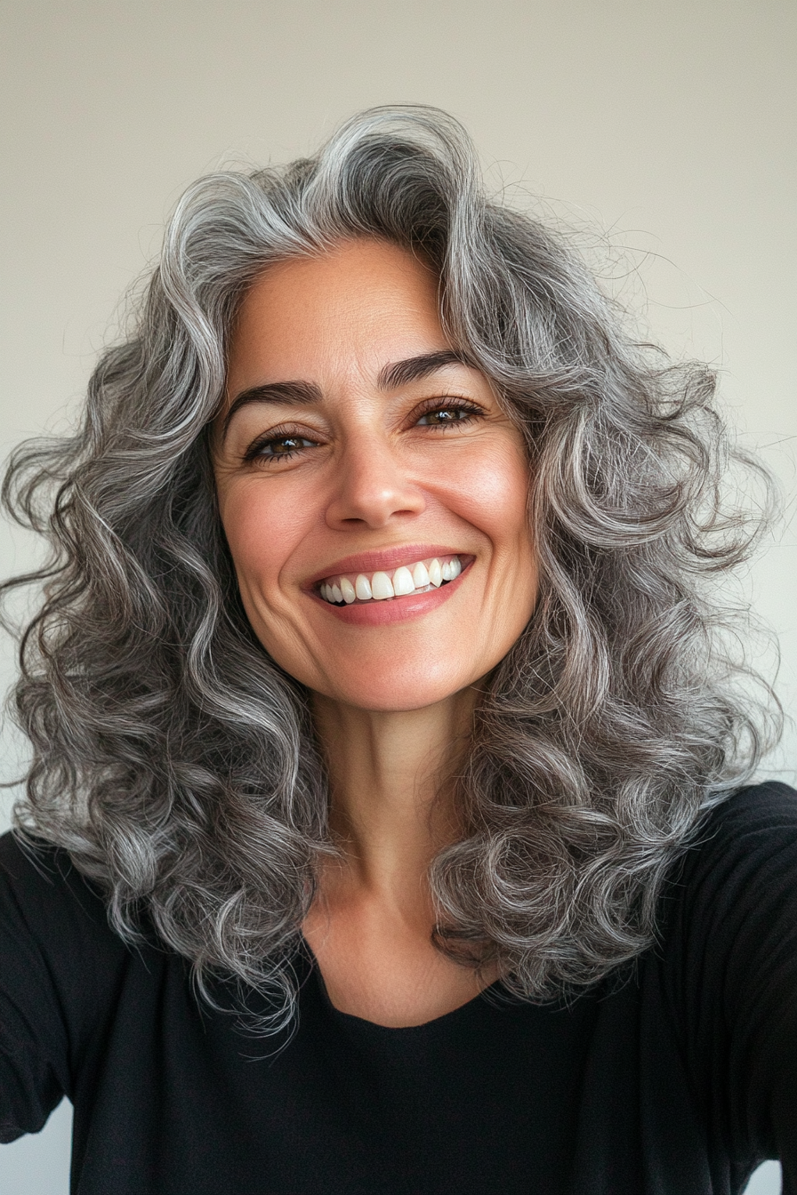 20. Curly Shoulder-Length Layers in Natural Grey (Haircuts For Women Over 50) - Haircuts For Women Over 50