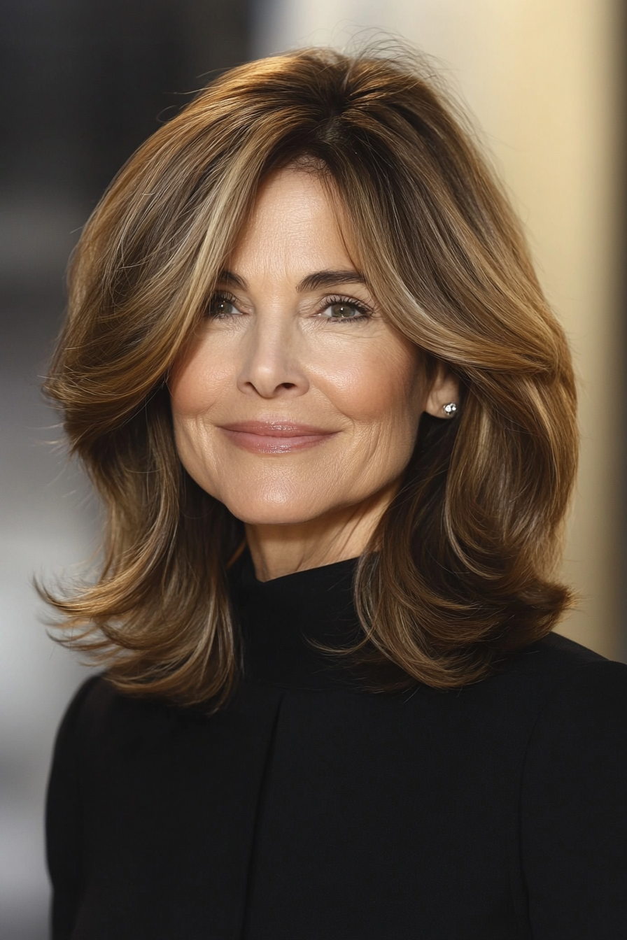 22. Layered Lob with Auburn Glimmers (Haircuts For Women Over 50) - Haircuts For Women Over 50