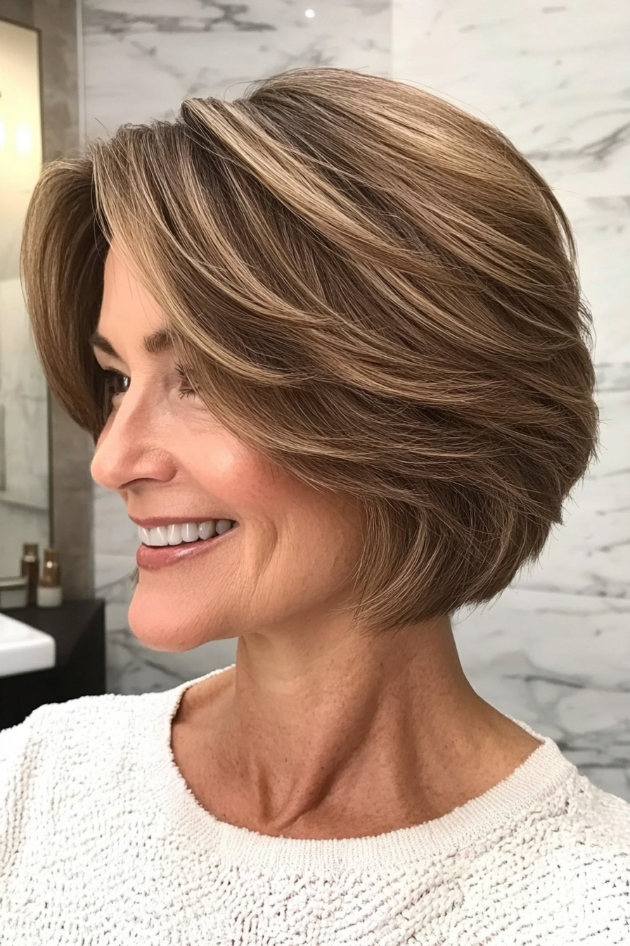 1. Classic Layered Bob in Ash Brown (Short Layered Bob Hairstyles For Older Women) - Short Layered Bob Hairstyles For Older Women
