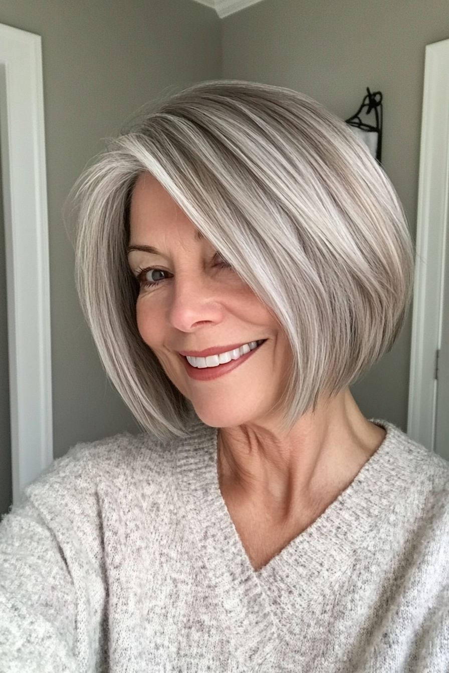 4. Soft Layered Bob in Salt-and-Pepper (Short Layered Bob Hairstyles For Older Women) - Short Layered Bob Hairstyles For Older Women