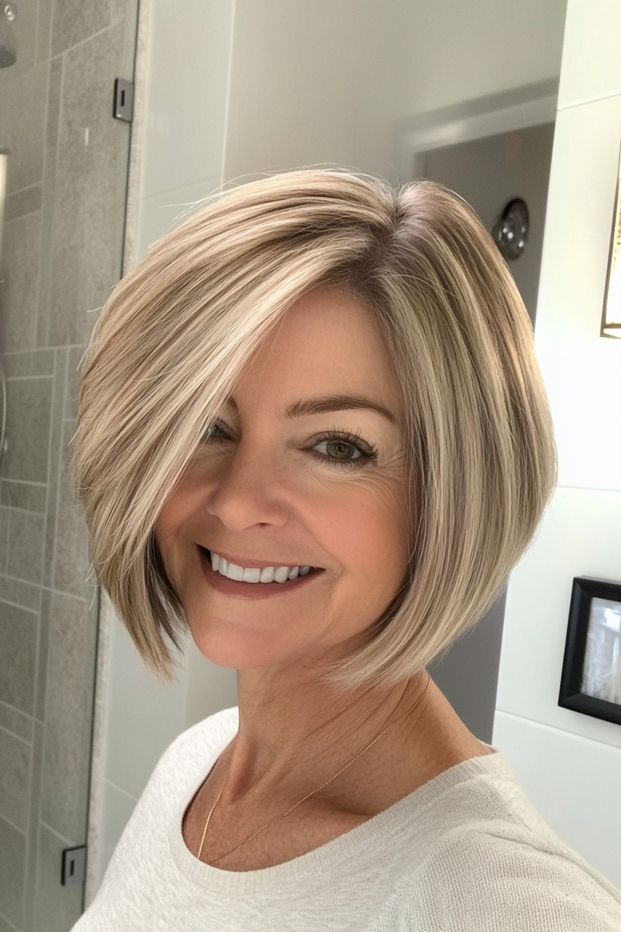 5. Angled Bob in Sandy Blonde (Short Layered Bob Hairstyles For Older Women) - Short Layered Bob Hairstyles For Older Women