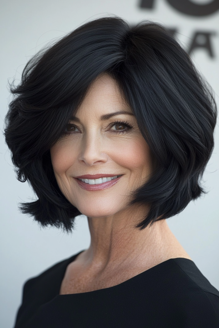 6. Curved Bob in Jet Black (Short Layered Bob Hairstyles For Older Women) - Short Layered Bob Hairstyles For Older Women