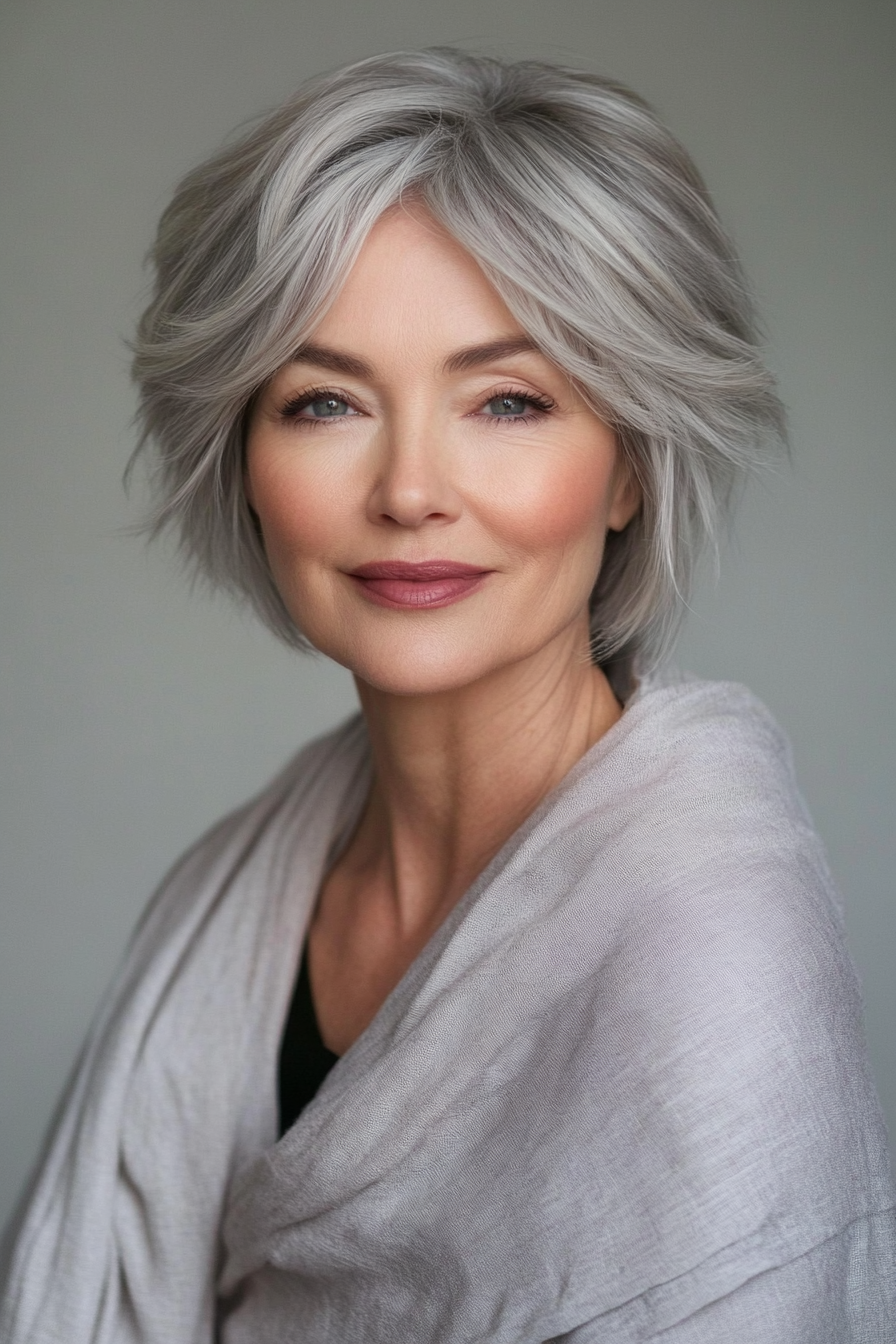 8. Layered Pixie Bob in Soft Gray (Short Layered Bob Hairstyles For Older Women) - Short Layered Bob Hairstyles For Older Women