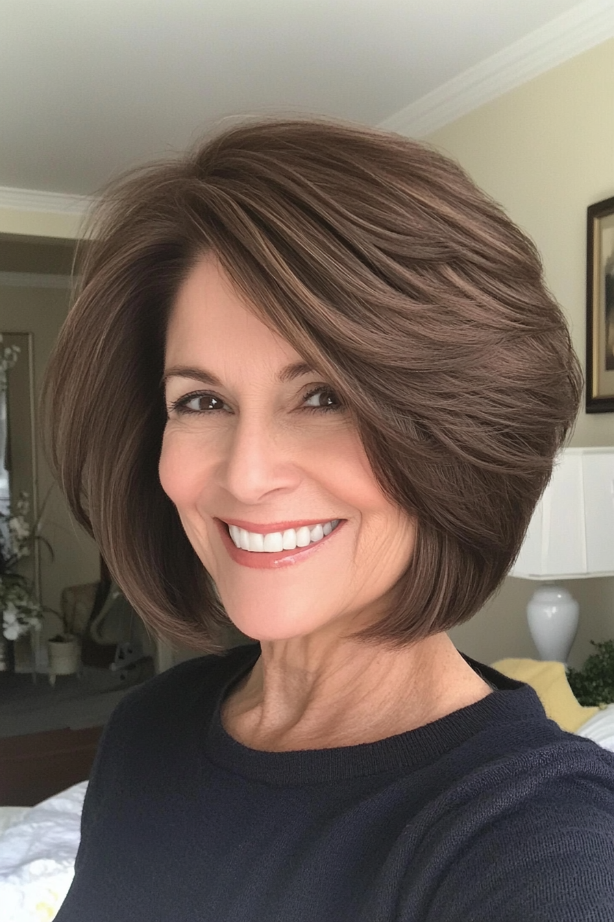 9. Feathered Bob in Dark Chocolate (Short Layered Bob Hairstyles For Older Women) - Short Layered Bob Hairstyles For Older Women